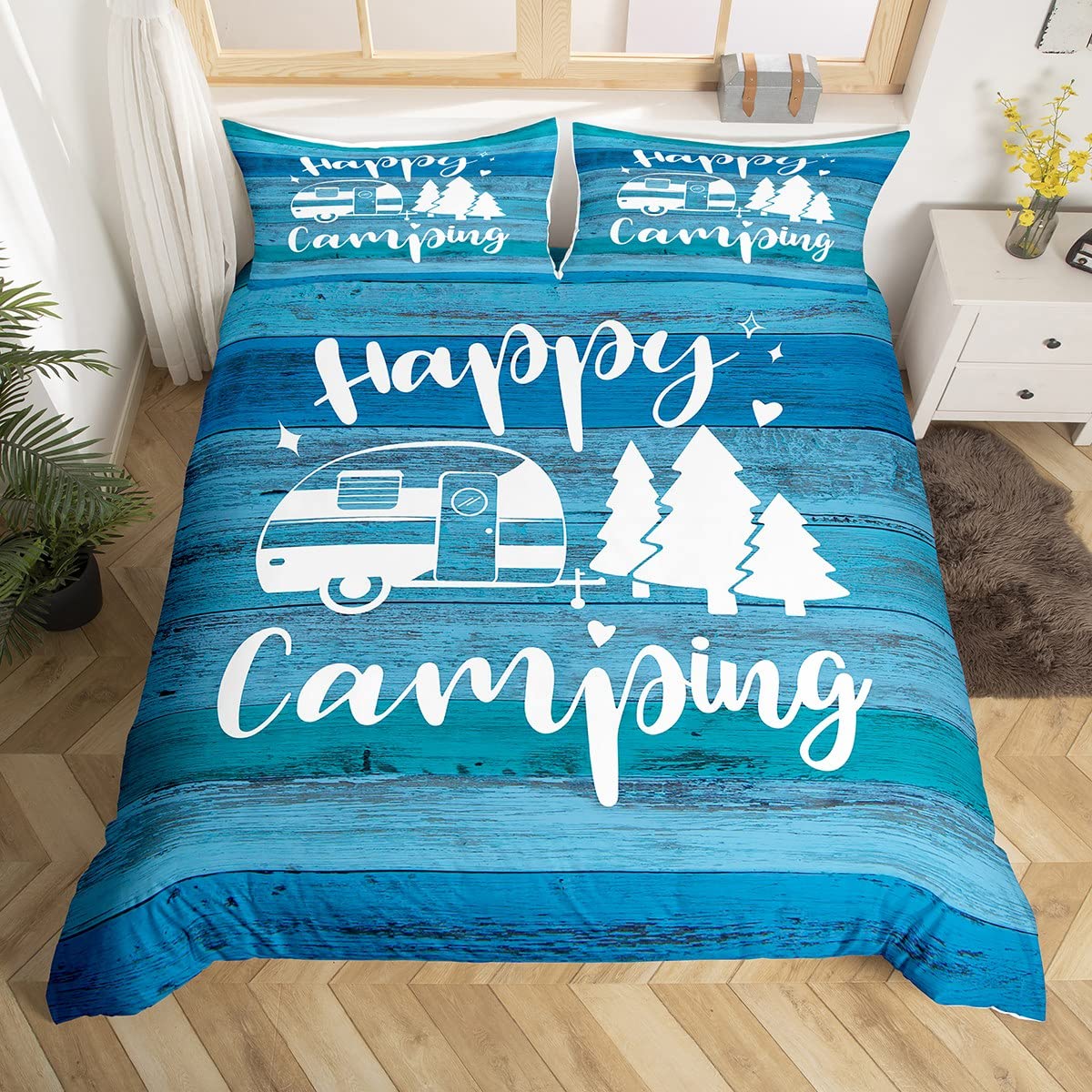 Happy Camping Duvet Cover Set King for Girls Boys Kids Western Farmhouse Barn Door Bedding Set Bedspread Cover RV Camper Wild Adventure Comforter Cover with 2 Pillow Sham Zipper Ultra Soft Microfiber