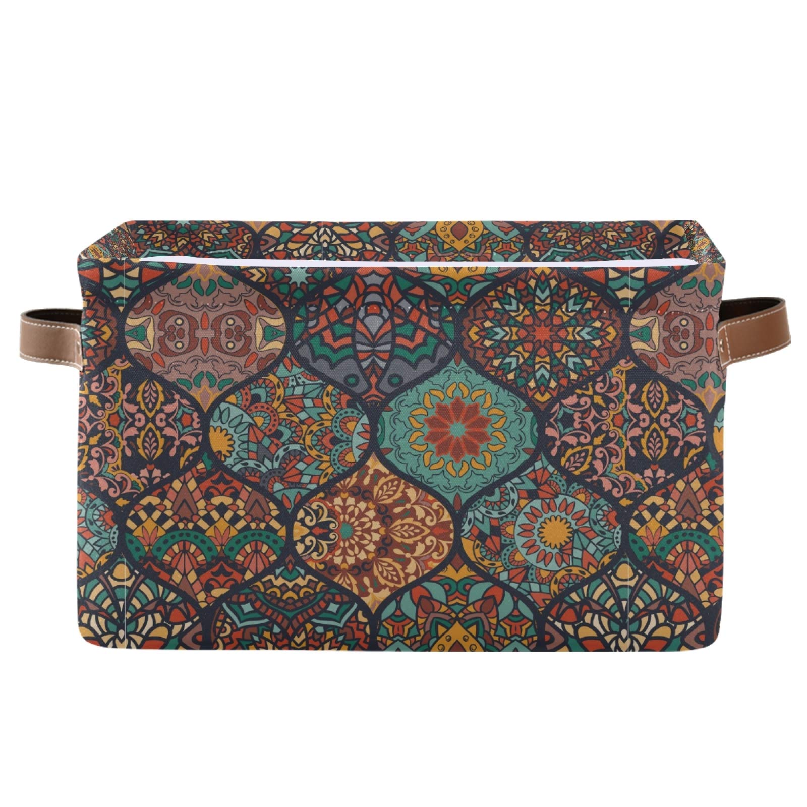 Mnsruu Large Foldable Storage Basket, Colorful Moroccan Style Pattern Fabric Storage Bin Organizer Bag with Handles 15 x 11 x 9.5 inch