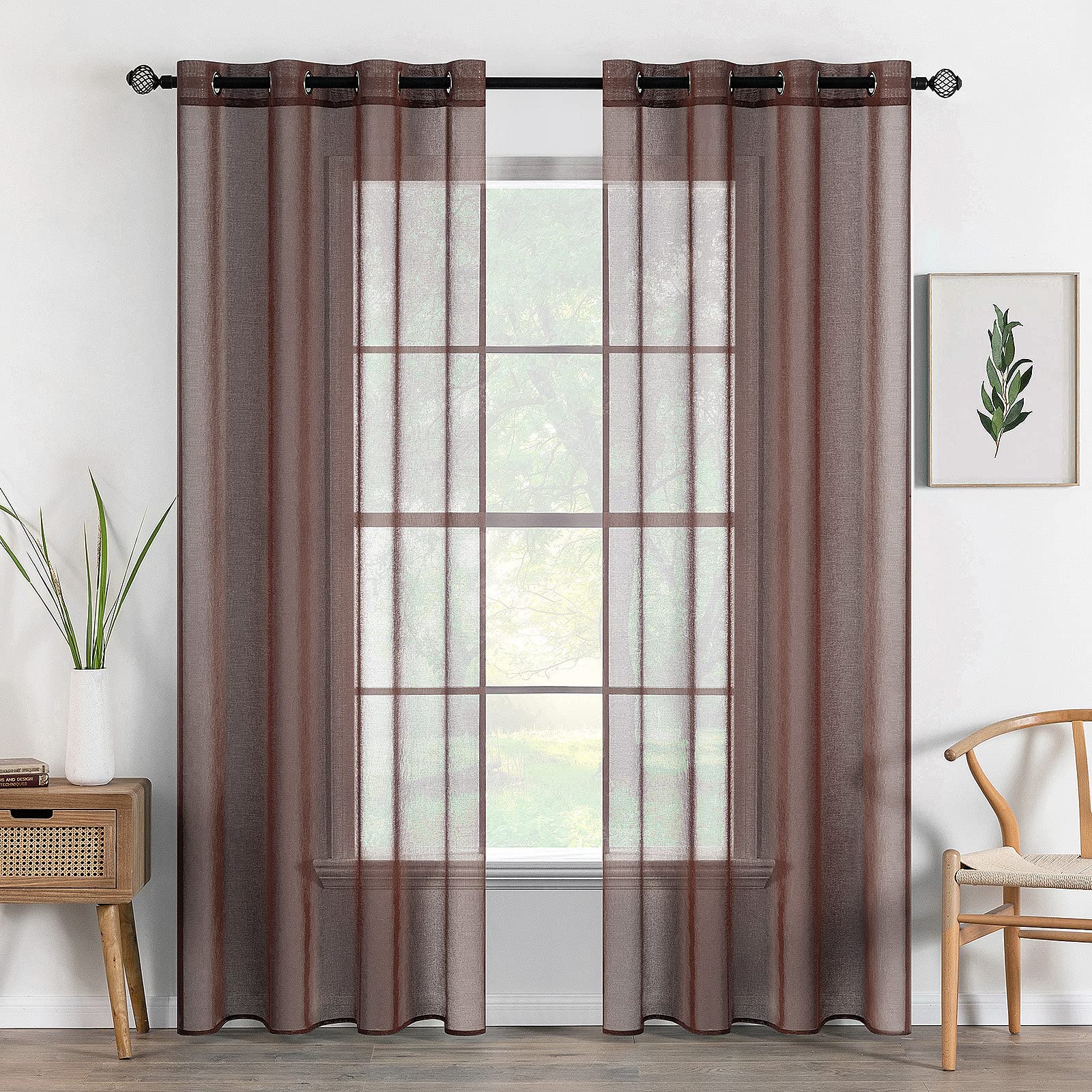 MIULEE 2 Panels Sheer Window Curtains Elegant Window Voile Panels Drapes Treatment for Bedroom Living Room 55" Wx85 L Grommet Top Chocolate