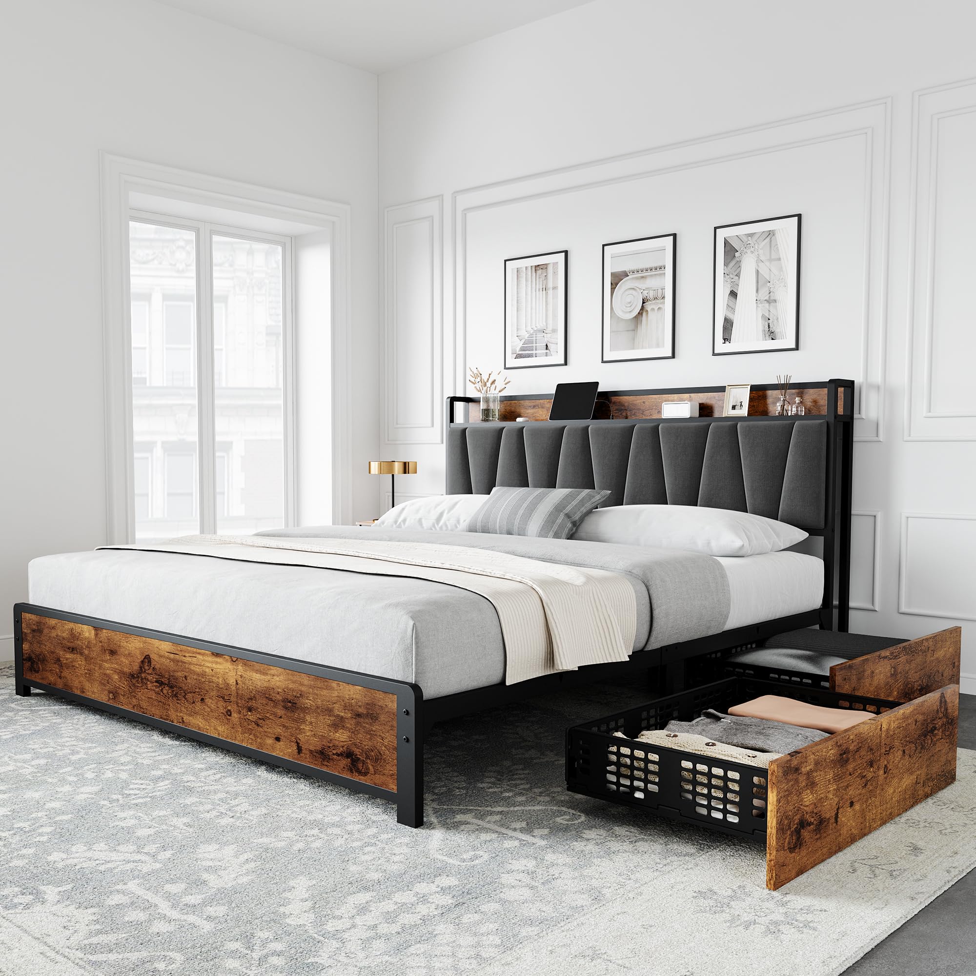 GarveeHome King Size Bed Frame with 4 Storage Drawers and Linen ...