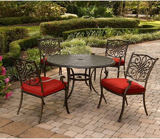 Amazon Com Hanover Traddn5pc Red Traditions 5 Piece Set In Red Cast Top Table And Four Dining Chairs Outdoor Furniture 48 Garden Outdoor
