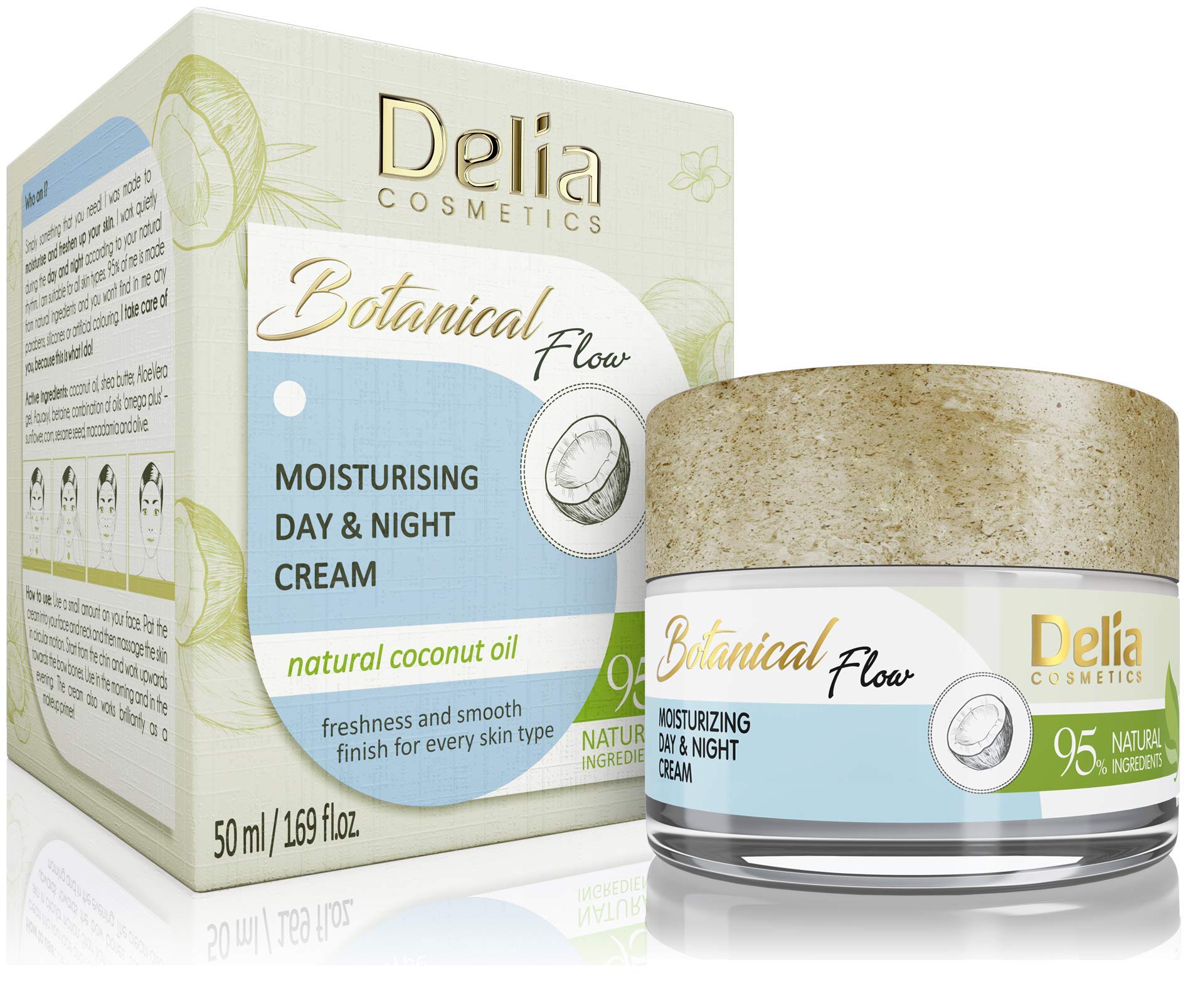 Delia Cosmetics - Botanical Flow Face Cream - Moisturizing - Natural Ingredients: Cocnut Oil, Shea Butter, Aloe Vera Gel, Oils - Day & Night - All Skin Types - 50ml, White