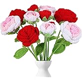 YoungJoy 12 Pcs Crochet Rose Handmade Knitted Flowers Tulip Sunflower Daisy Heart Artificial Knitted Floral Mother Day Graduation Home Decor(Mixed Red Pink Rose)