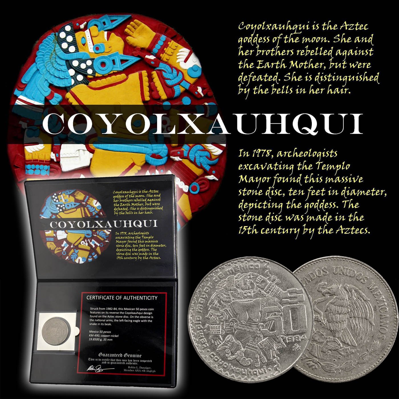 Coyolxauhqui: The Aztec Moon Goddess Coin of Mexico in Folder with Certificate of Authenticity - 1982 Mexico 50 Pesos