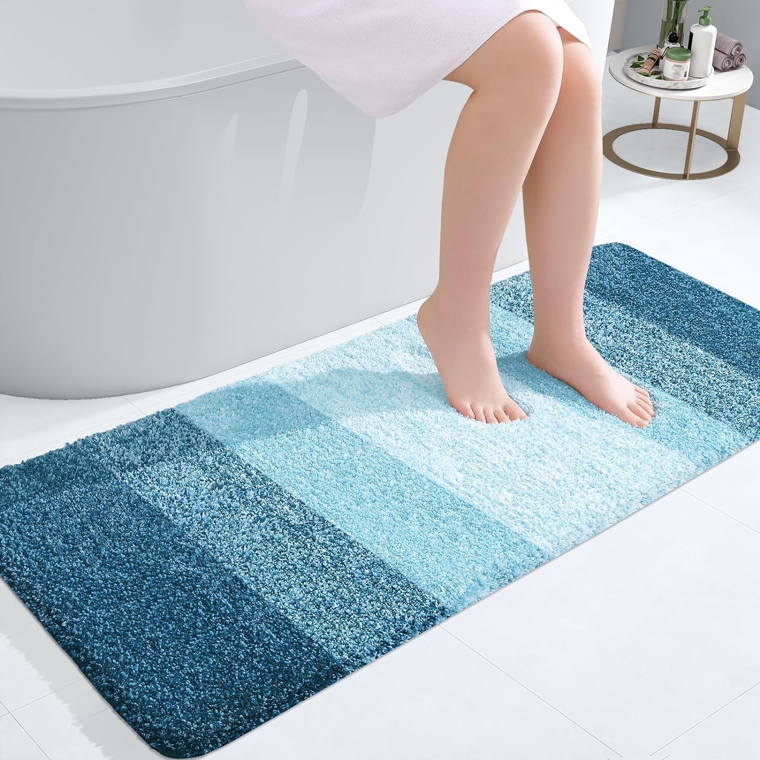 smiry Microfiber Bath Mat, 60 x 120 cm, Non-Slip Super Absorbent Bathroom Mat, Extra Soft Thick Floor Foot Mat, Fluffy Shaggy Bath Mats Rugs for Bathroom, Caribbean Sea