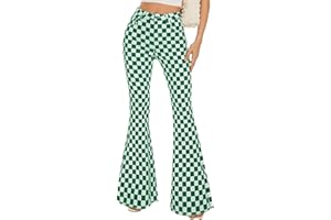 ODEFOU Bell Bottom Jeans for Women High Waisted Stretch Plaid Flare Jeans Denim Bootcut Pants