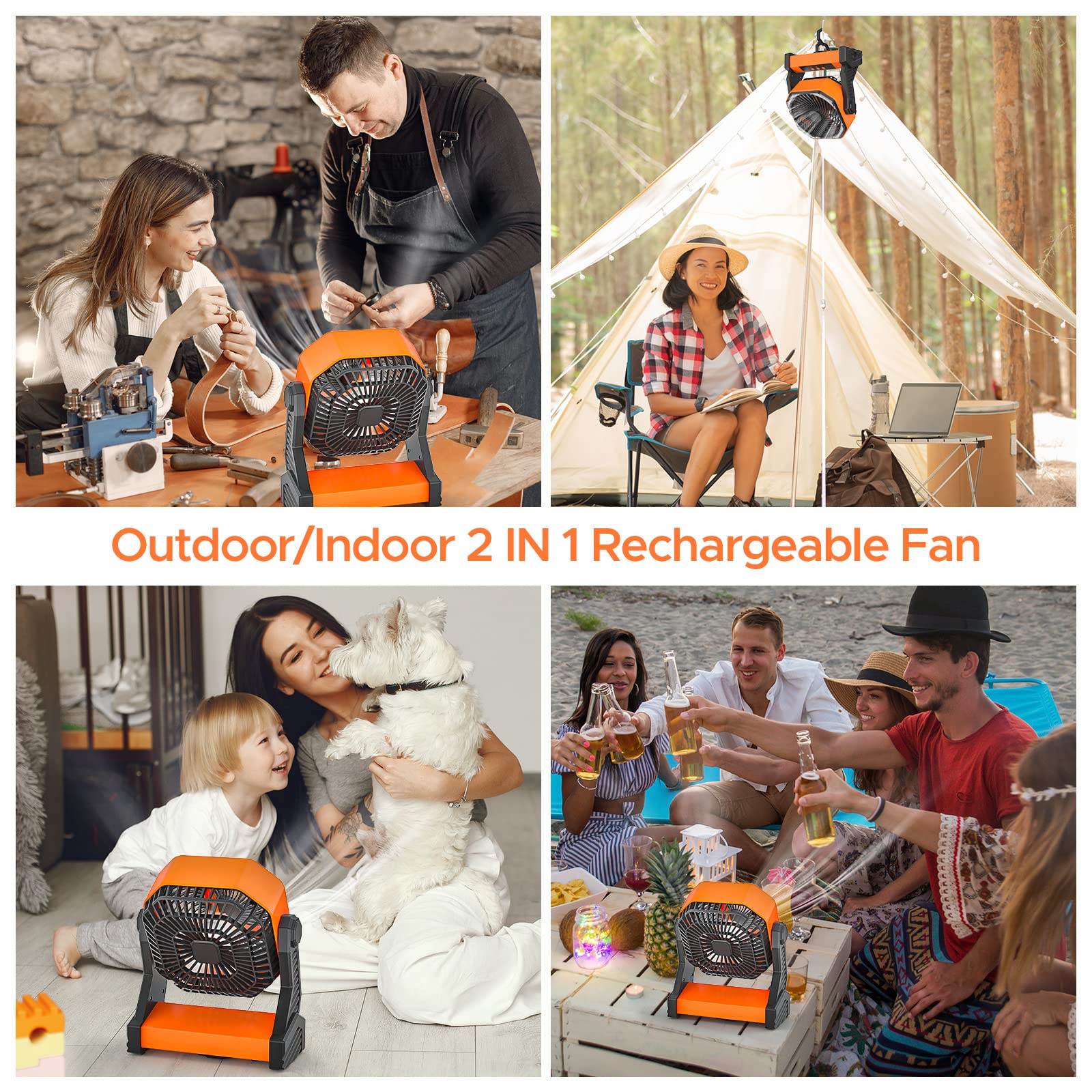 20000mAh Rechargeable Camping Fan with LED Lantern, 58hrs Portable Battery Operated Desk Fan with Hanging Hook for Camping Picnic Fishing Hurricane Power Outages