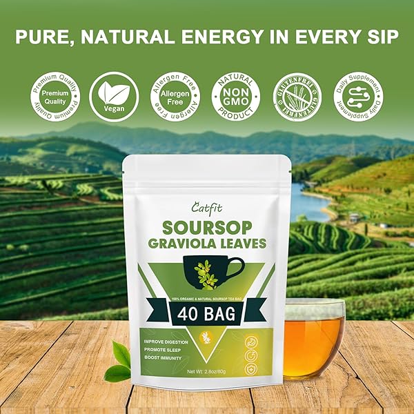 SOURSOP GRAVIOLA LEAF TEA BAGS, 100% NATURAL SOURSOP LEAVES FOR IMPROVE DIGESTION, SUPPORT HEALTHY SKIN & SLEEP, RICH IN POTENT ANTI-OXIDANTS, NON-GMO, CAFFEINE-FREE, 40 TEA BAGS