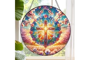 Rngmsi Cross Stained Glass Window Hanging, 7.8″ Sun Catchers with Hook Indoor Window Decor, Decorative Suncatchers Home Garden Art Gift for Thanksgiving Christmas Housewarming