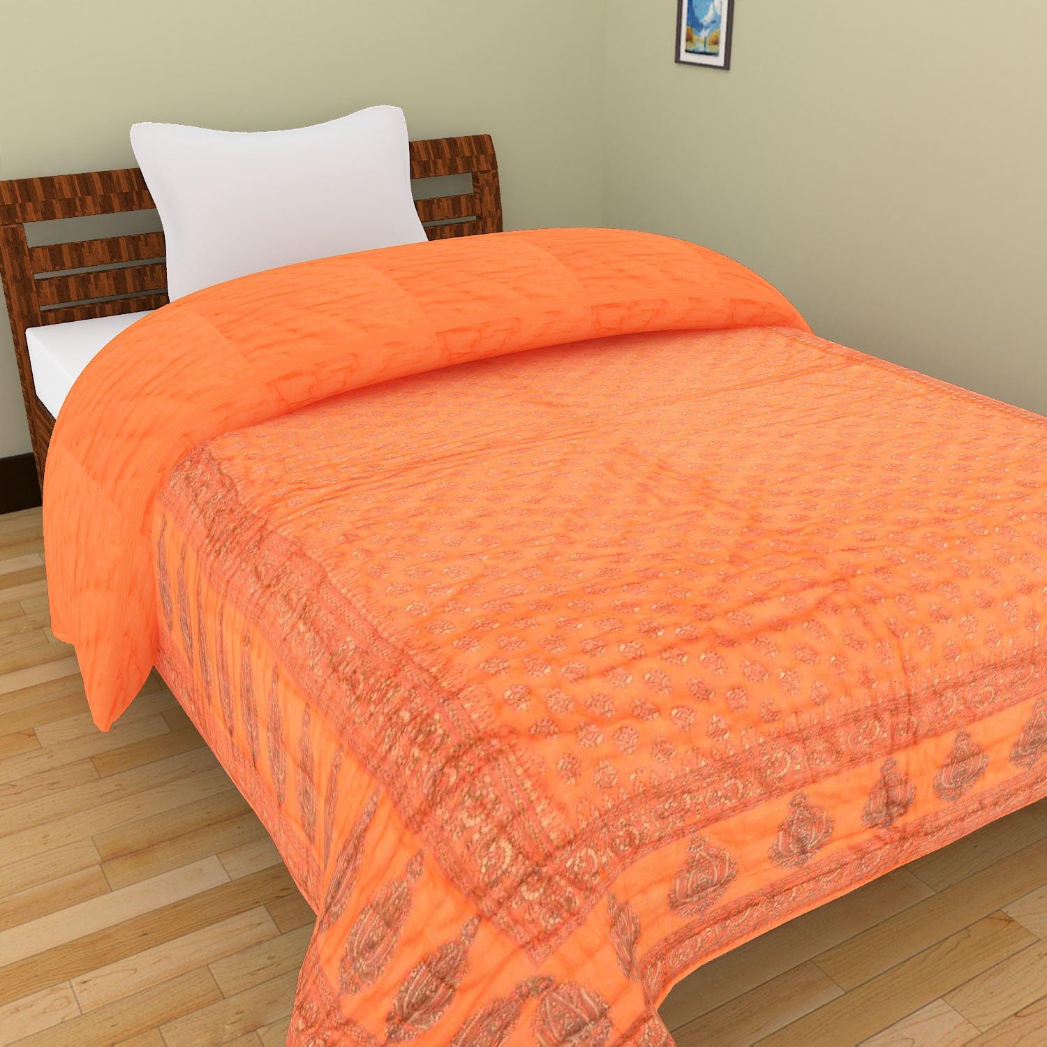 Shra single bed orange Jaipuri/Rajasthani Print Razai/Quilt
