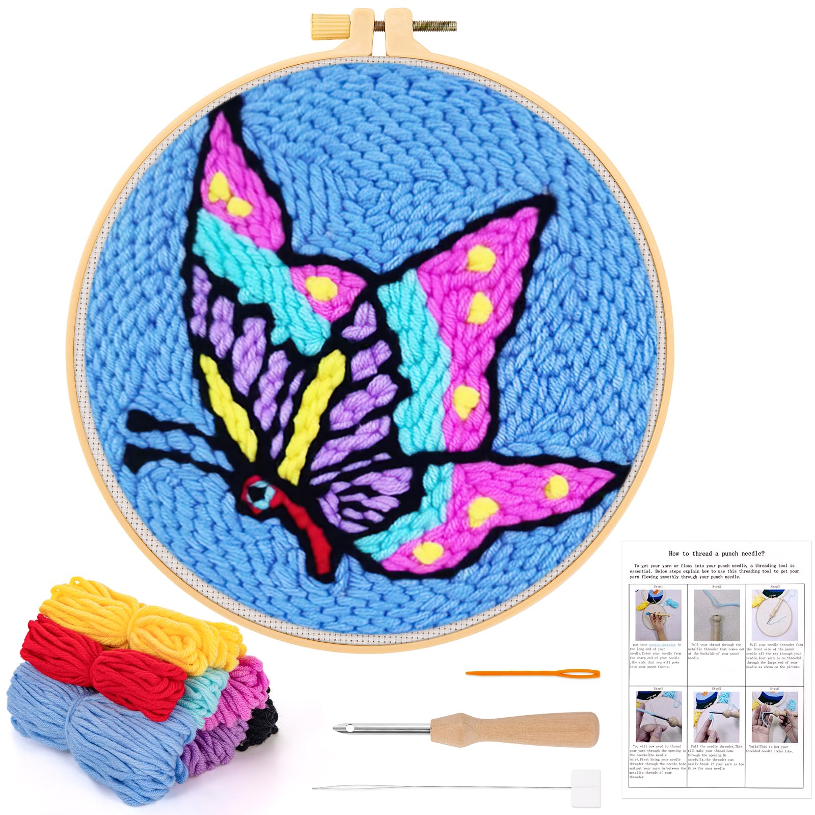 JSRQT Punch Needle Kit for Adults Beginners Kids DIY Punch Needle Kits Embroidery Starter with Butterfly Pattern Handcraft Craft Instructions Hoop