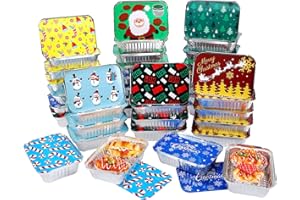 FESTISOUL 40Pcs Christmas Aluminum Pans With Lids,8 Holiday Designs,Foil Pans for Gift Giving Rectangular Treat Foil Containers Cookie Tins for Holiday Leftovers or Cookie Exchange,7.3"l X 5.1"w X 2"d