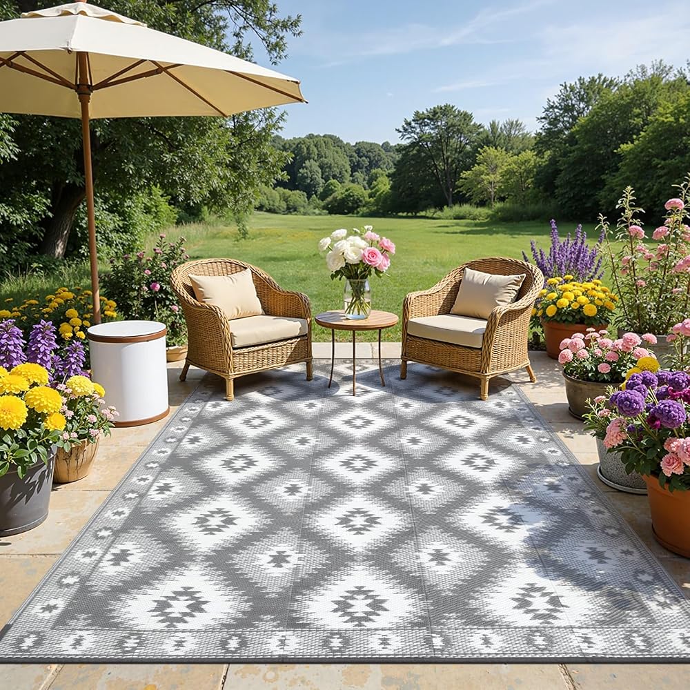 SHACOS Outdoor Rug 270x360 cm Reversible Waterproof UV Resistant Grey