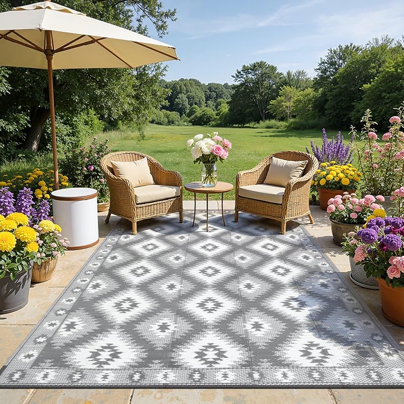 SHACOS Outdoor Rug 270x360 cm Reversible Waterproof UV Resistant Grey