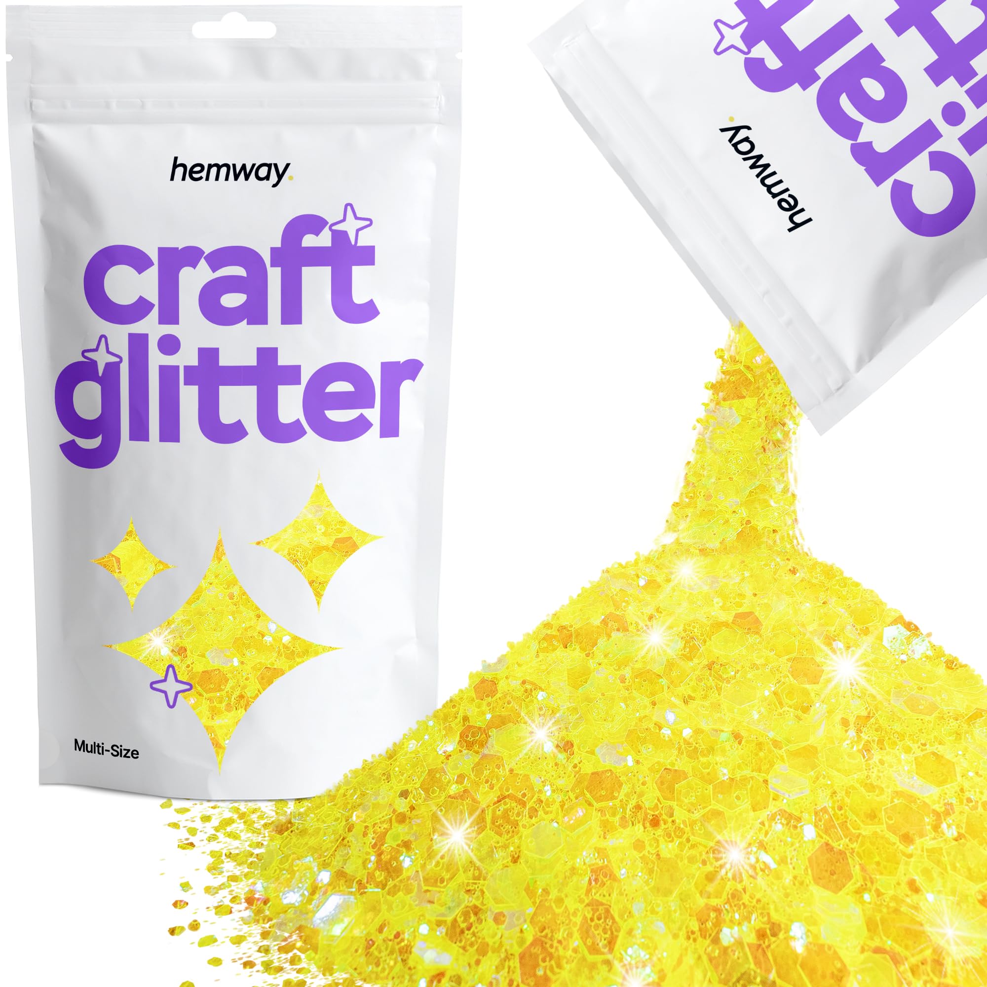 Hemway Craft Glitter Fluorescent Yellow 100g Multi Size Glitter for Crafts, Resin, Cosmetic, Nail, Face, Body, Festival, Tumblers, Art, Candle, Crafting