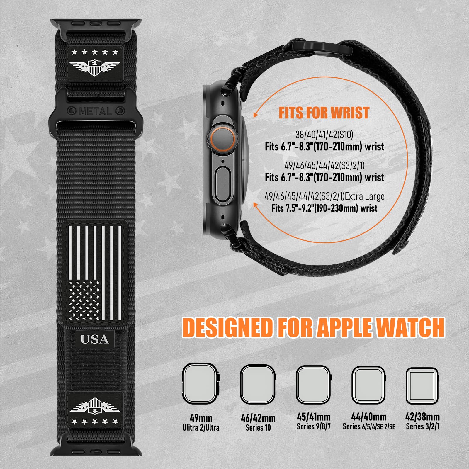 Rugged Nylon for Apple Watch Ultra 2 Band 49mm iWatch Bands 46mm 45mm 44mm 42mm Men,Soft Woven Adjustable Stars-Stripes Flag Wristbands Strap for Apple Watch Ultra Series 10/9/8/7/6/5/4/3/SE/Ultra2