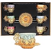 Alisveristime 12 Pc Turkish Greek Arabic Coffee Espresso Cup Saucer Porcelain Set (Gold)
