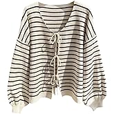 BEAUDRM Women's Plus Size Striped Cardigan Sweater Tie Front Long Sleeve V Neck Knitwear Tops