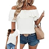 Uhiger Off The Shoulder Tops for Women Boat Neck Blouses Casual Ruffle Short Sleeve Shirts Chiffon Summer Vacation Outfits