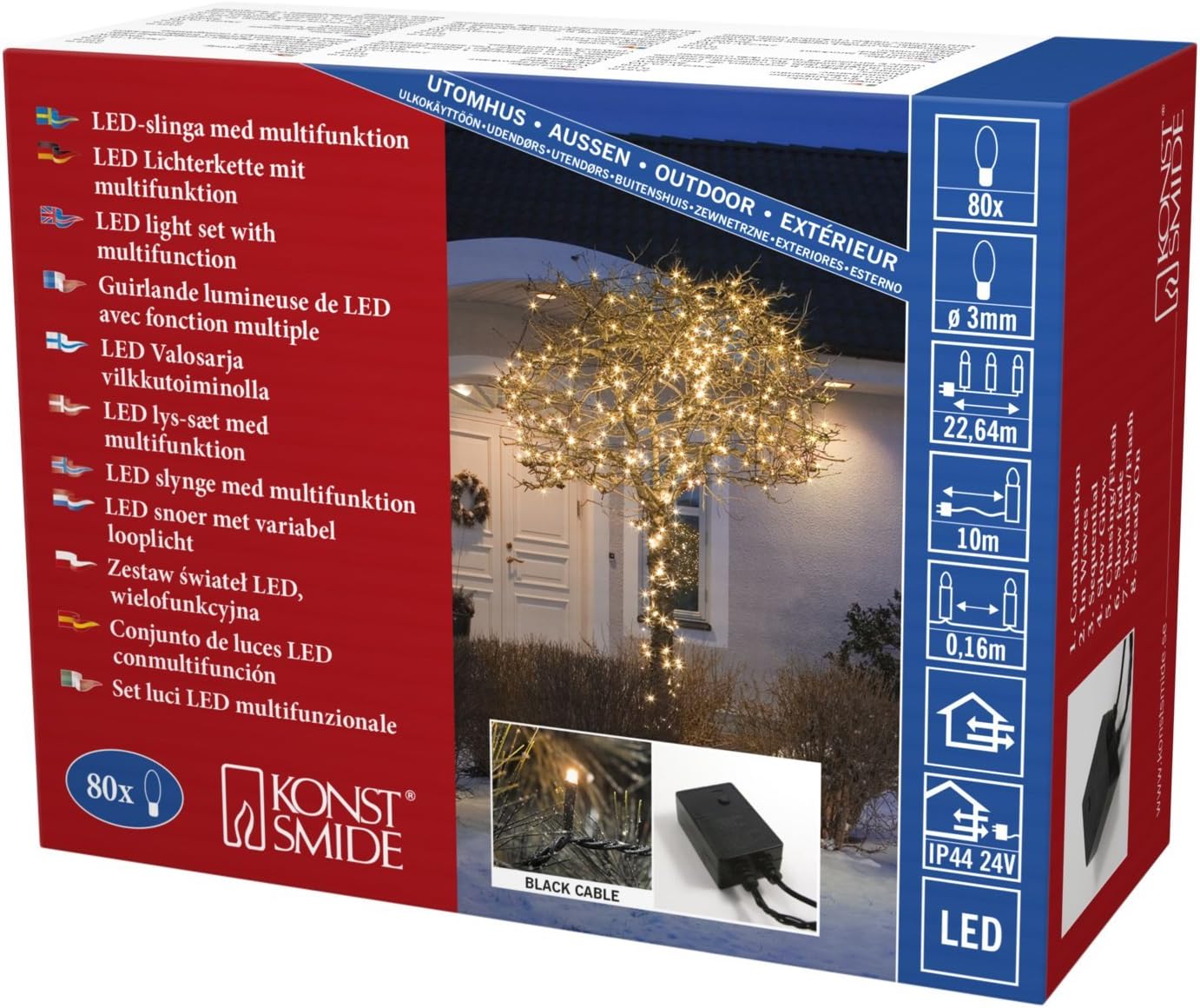 Konstsmide Micro LED Christmas Tree Lights/Outdoor or Indoor (IP44) / 24V Transformer Plug In / 80 Amber Diodes/Multifunction 8 Settings Including Static/Black Cable String Lights
