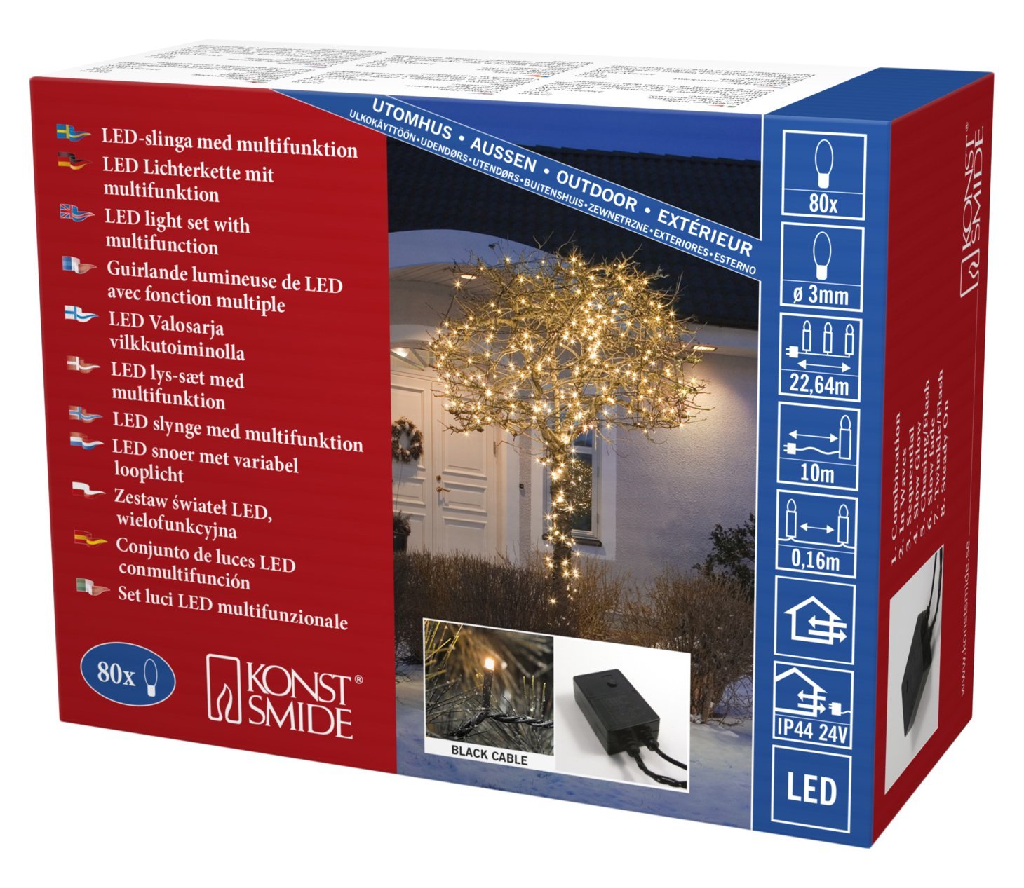 Konstsmide Micro LED Christmas Tree Lights/Outdoor or Indoor (IP44) / 24V Transformer Plug In / 80 Amber Diodes/Multifunction 8 Settings Including Static/Black Cable String Lights, 3614-800EE