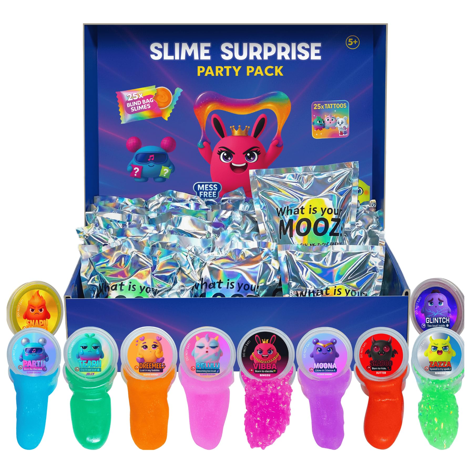 Mini Slime Party Favours for Kids (Blind Bag)โ25 PackโCloud/Crunchy/Butter/Galaxy Slime & Fake Tattoos, Sensory Toys for Kids, Goodie Bag Stuffers, Birthday Party Supplies, Classroom PrizeโMOOZ