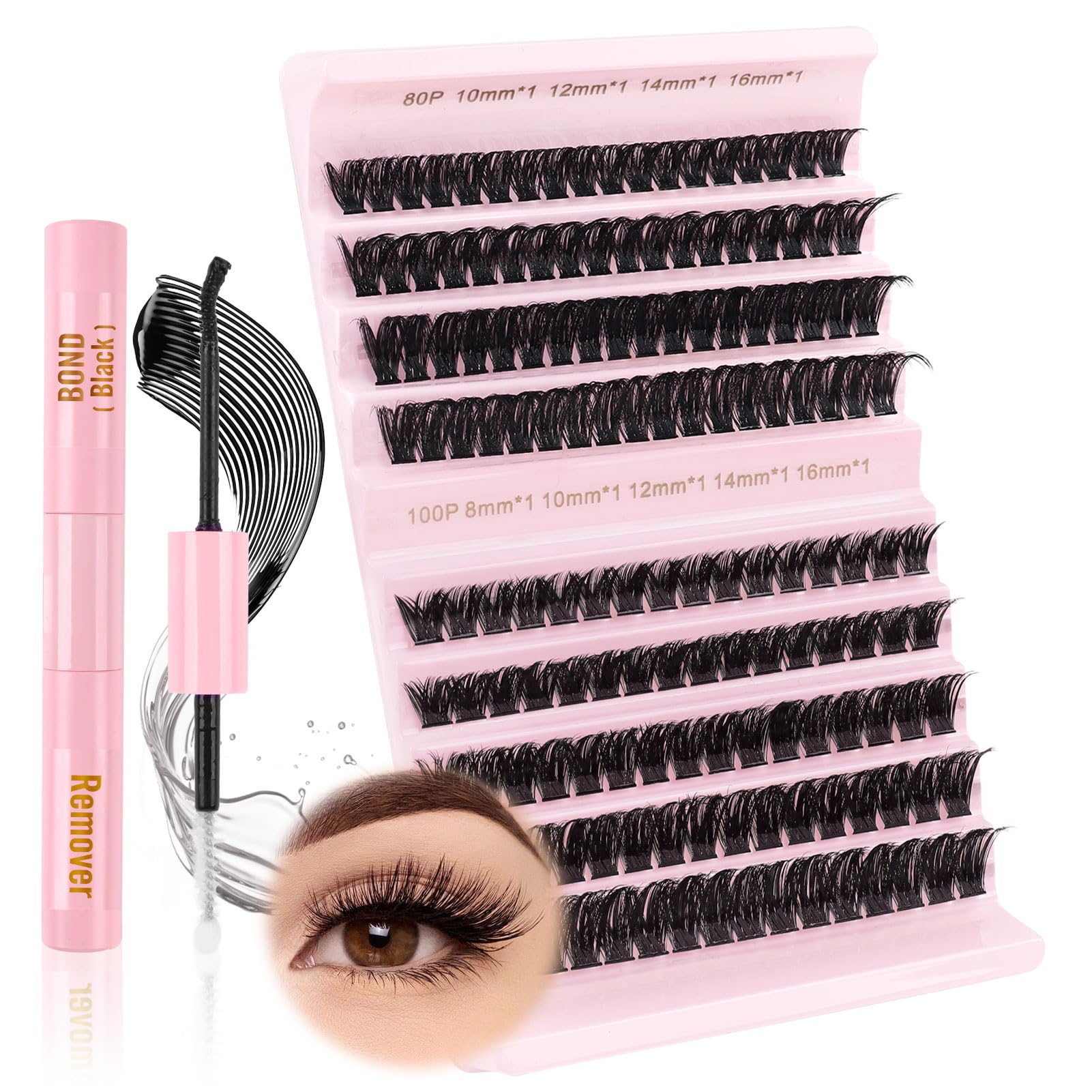 Glowing Win Individual Eyelashes Kit Cluster Lashes Set with Lash Bond&remover Individual Lash Extensions Reusable Mix 80D+100D Lash Clusters Mix 8-16mm False Eyelashes Extensions — image 1