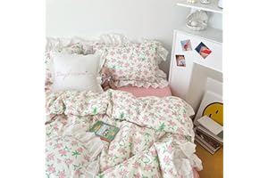 VM VOUGEMARKET Pink Flower Duvet Cover Set Queen Ruffle Lace Girls Bedding Set,100% Cotton Princess Style Duvet Cover with Zipper Closure,Romantic &Elegant-Queen,Lace Pink
