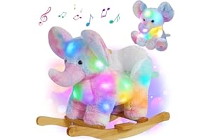 Glow Guards Light up Musical Elephant Baby Rocking Horse, Rainbow Elephant Rocker Set of 2 with Elephant Stuffed Animal, Stuffed Plush Ride-on Rocking Animal for Toddlers Baby Girl Ages 1-3