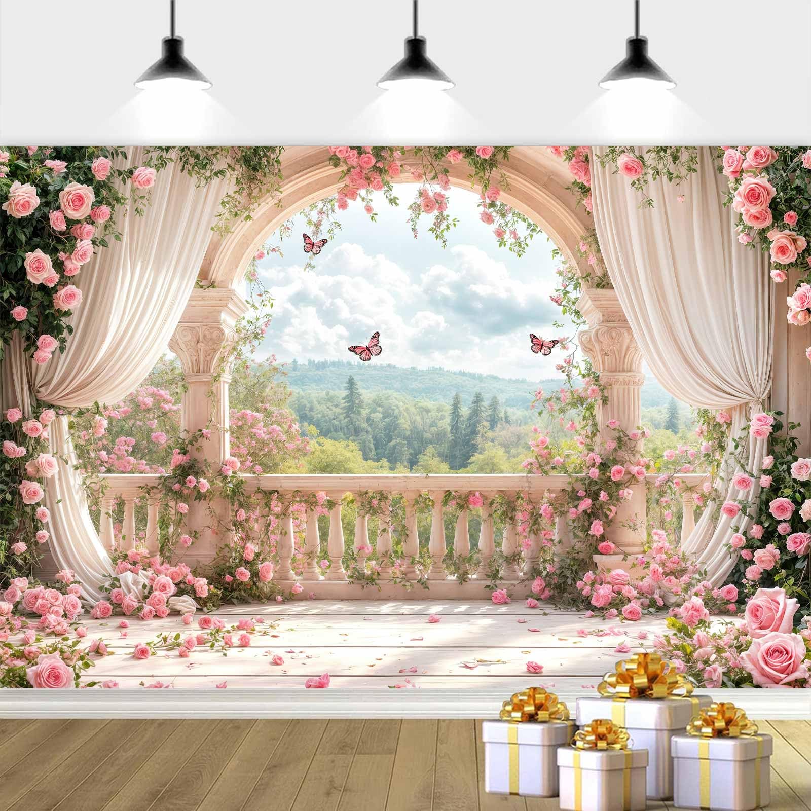 Photo 1 of 20X10ft Pink Floral Photography Backdrop, Retro Flowers Photography Backdrop Dreamlike Wedding Portrait Photo Background Wedding Birthday Party Background Banner Decor, Pink-1