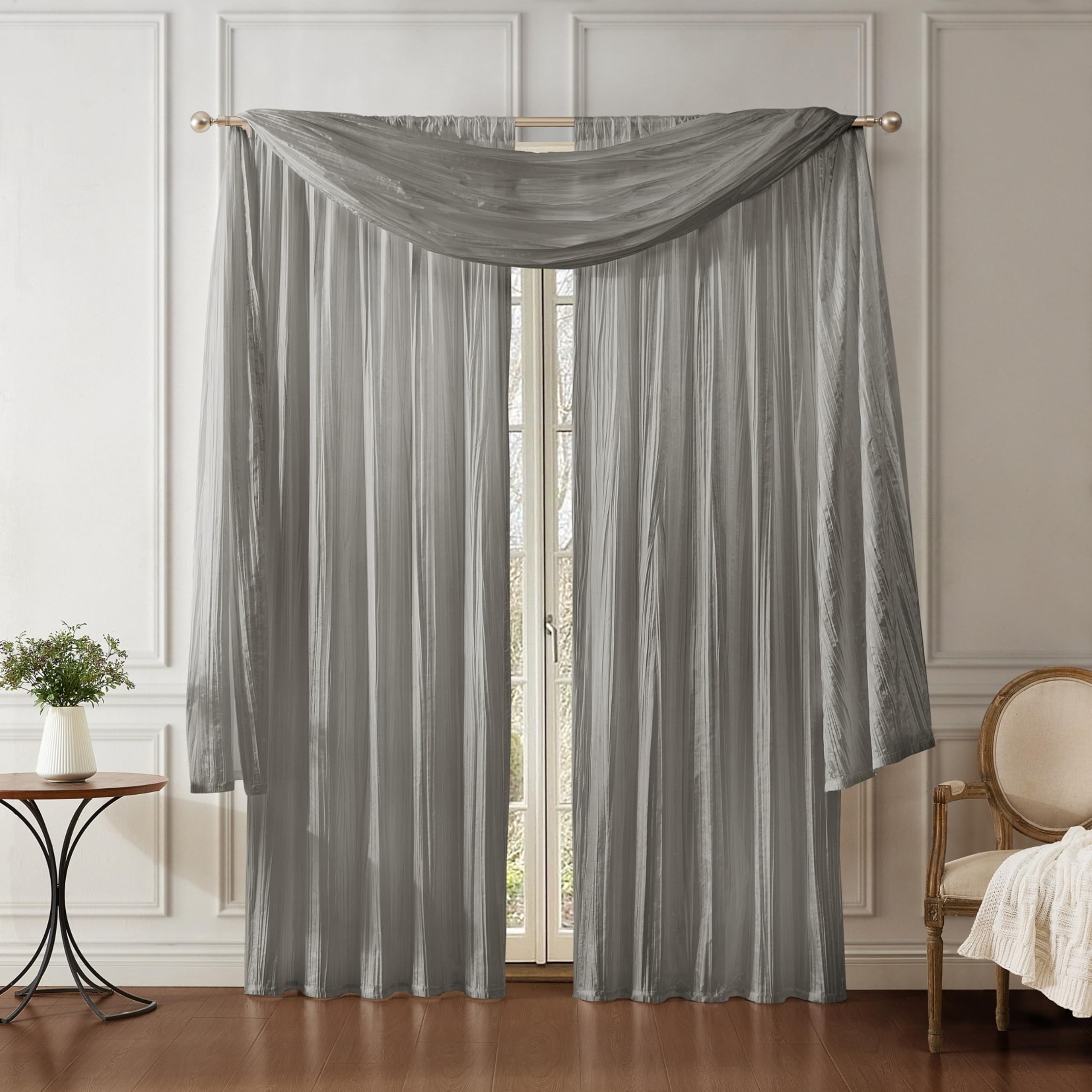 Elrene Home Fashions Athena Faux Crushed-Silk Window Curtain Panel and Valance Set, 52"x95" (2 Panels) & 1 Valance, Sterling