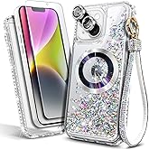 WDHD Magnetic Case for iPhone 15 Plus [Compatible with MagSafe] Glitter Floating Liquid Cute Case with [Camera Lens Protector, Tempered Glass Screen Protector and Wrist Strap Lanyard] Diamond