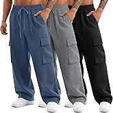 August Alley 3 Pack Big and Tall Men's Cargo Sweatpants Open Bottom Drawstring Elastic Waist Pants with Pockets Casual Hiking