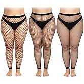APLZGMG 3 Pairs Black Large Size Fishnet Stockings for Women, High Waist Stretchy Footless Tights, Sexy Pantyhose for Daily Wear, Halloween, Black Fishnet Tights for Women(132-231 Pounds)