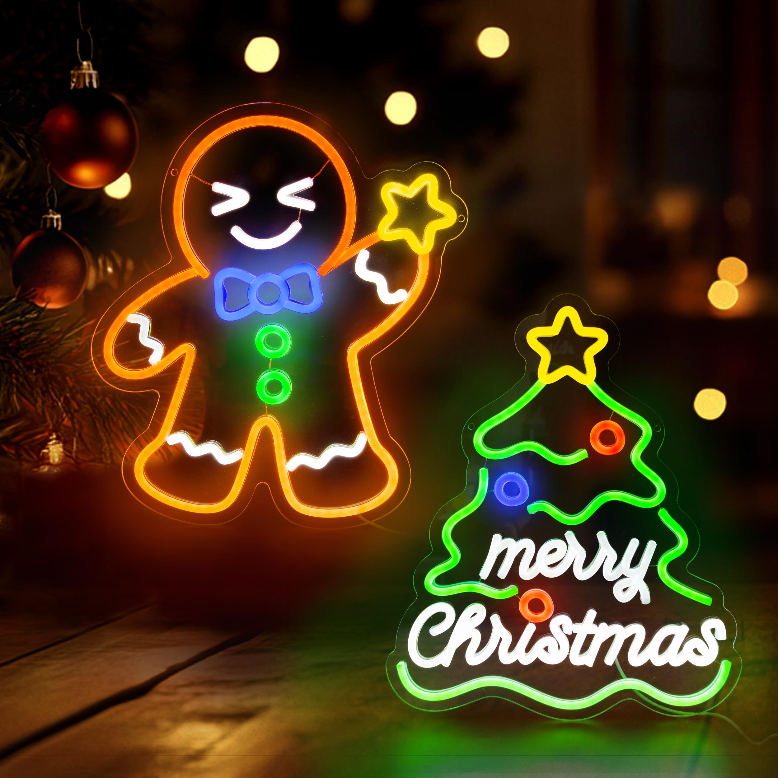 Photo 1 of ******Top of tree broken but functionl*******AELS Christmas Neon Sign 2 Pack - Gingerbread Man & Christmas Tree LED Lights Set - Dimmable USB Powered Holiday Decor for Window Wall Tree Bar Party Home Decor