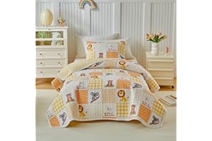 Joyreap Queen Size Quilt Set for Kids, Yellow White Animals Patchwork Design, 3 Pieces Soft n Cozy Microfiber Quilt, Bedspread Bed Cover for All Season- 90x90 inches