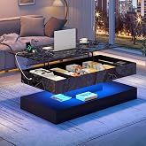 chartustriable 47.2" Large Lift Top Coffee Table, Modern LED High Glossy Coffee Table with Storage for Living Room, Lift Up Living Room Center Tables with Charging Station, LED Lights, Black