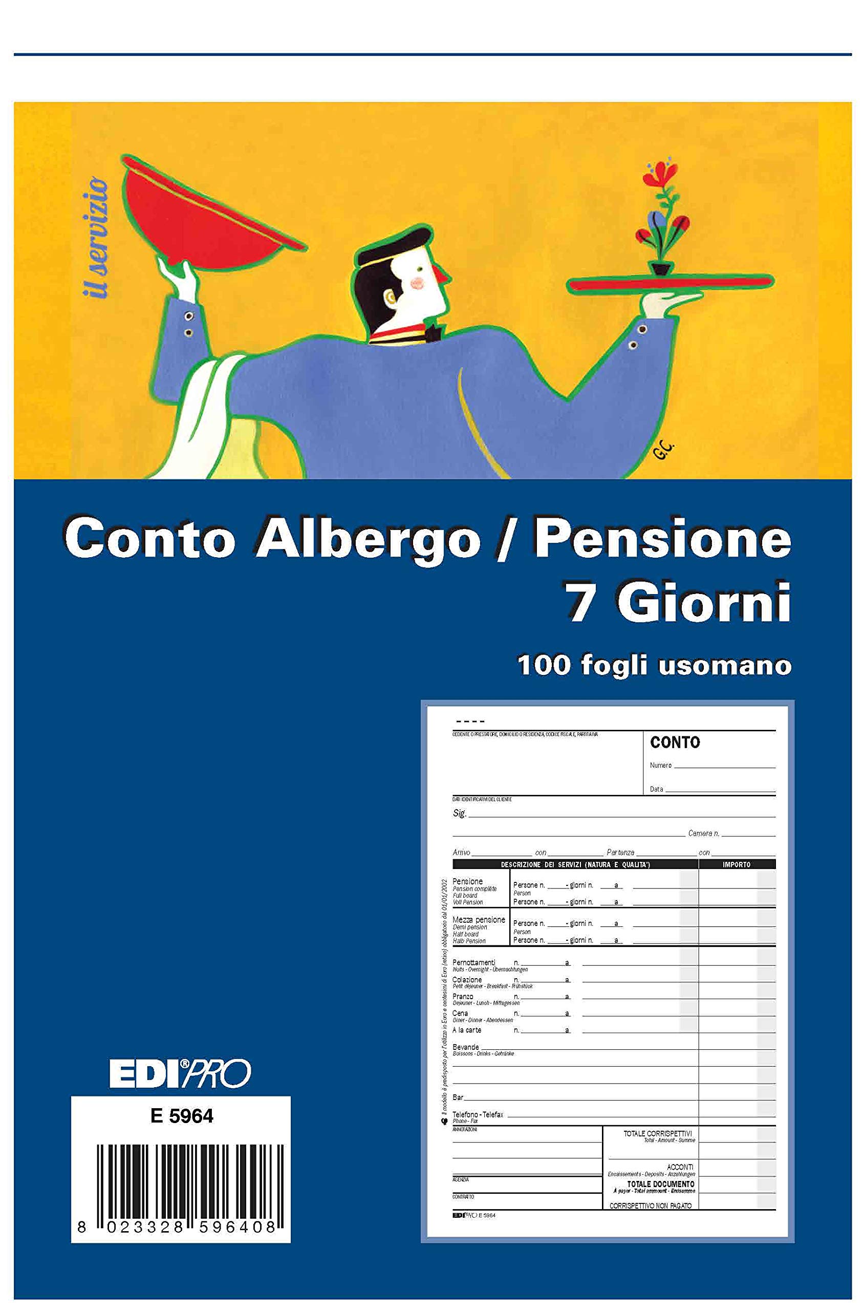 Edipro E5964 Hotel/Board Account Block 7 Days 100 Sheets Hand Use F.to 29.7 x 18