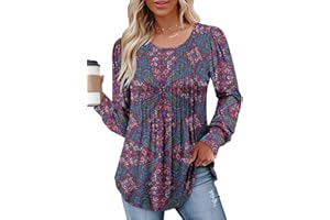 onlypuff Women's Puff Sleeve Tunic Tops Crew Neck Pleated Blouses 2025 Dressy Casual Loose T-Shirts