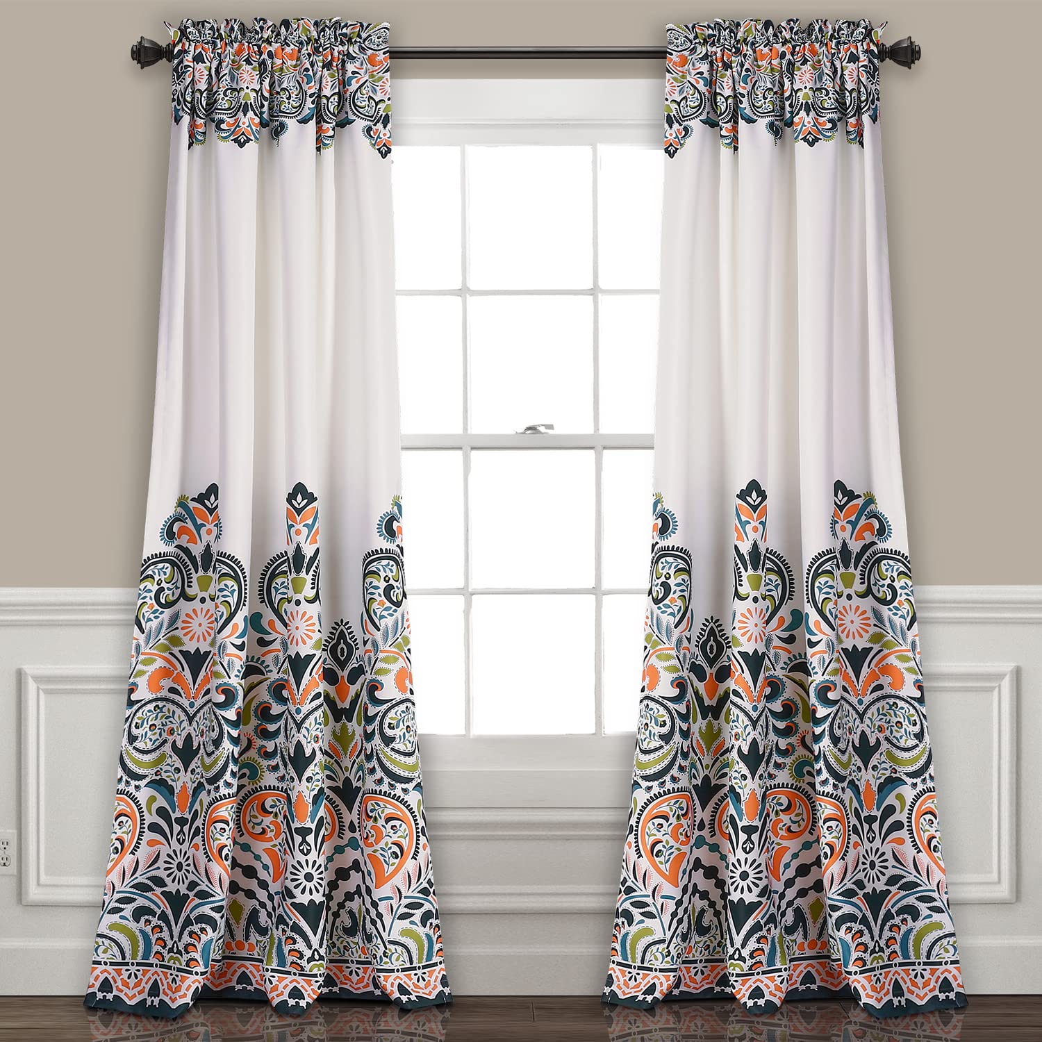 Lush Decor Clara Curtains Paisley Damask Print Bohemian Style Light Filtering Window Panel Set for Living, Dining, Bedroom (Pair), 52" W x 95" L, Navy & Tangerine Image