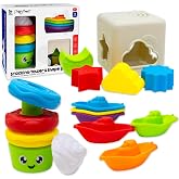 Kiddie Play Stacking Rings, Shape Sorter Cube &amp; Boat Bath Toy for Babies | Toddlers Sensory Learning Toys, 6+ Months, Compact Travel Size