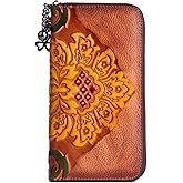 AEGGEAI Women Long Wallet Vintage Embossing Ethnic Style Card Holder Genuine Leather Clutch Large Capacity Multi Pocket Purse (Brown)