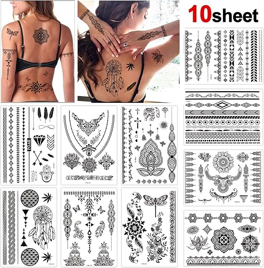 Konsait 10 Fogli Impermeabile Tatuaggi Temporanei Finto Tatuaggio Temporaneo Tattoo Adesivi Body Art Per Bambini Adulti Donna Nero Amazon It Bellezza