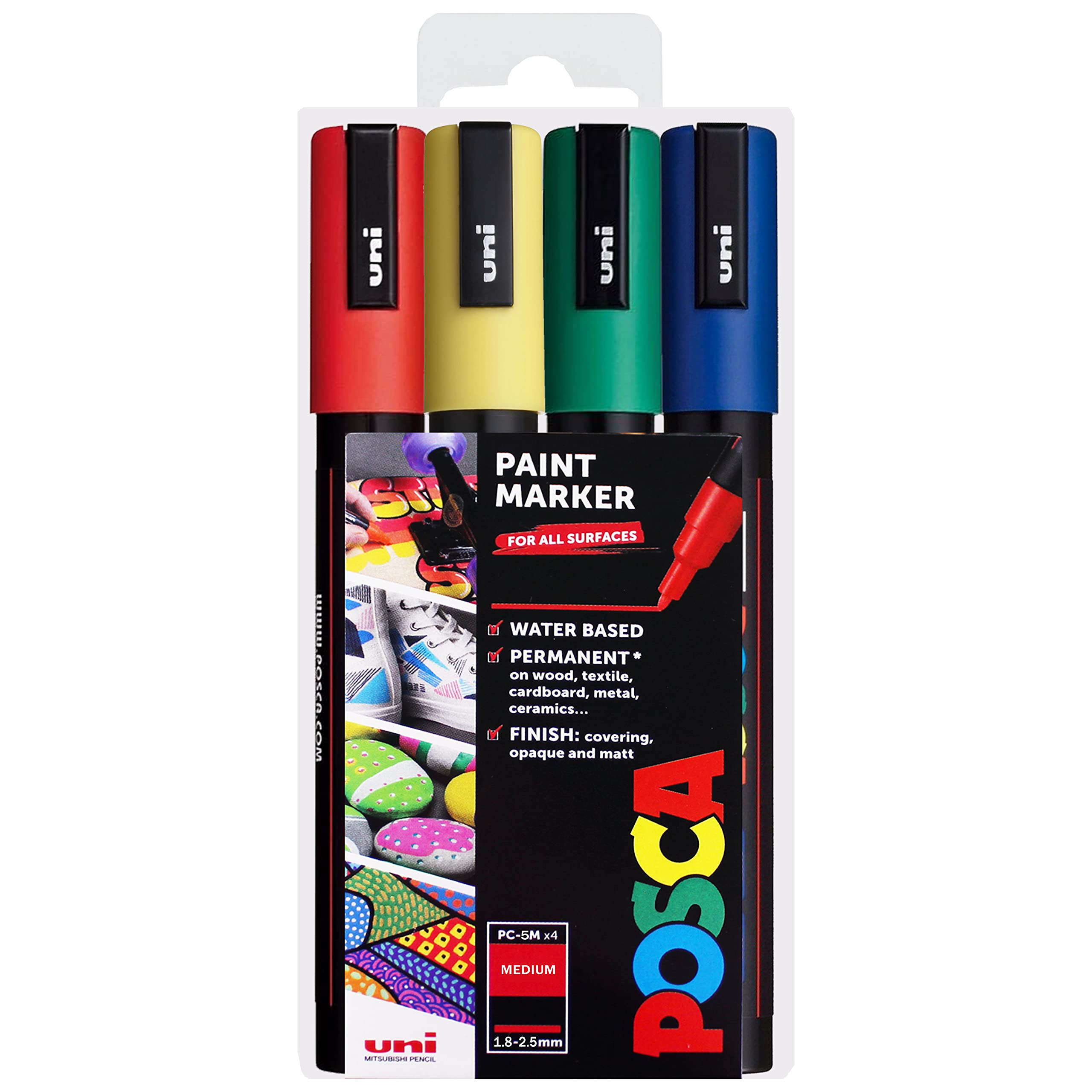 Uni Posca PC-5M Paint Marker Pens in Plastic Pouch - Primary Colours (Pack of 4)