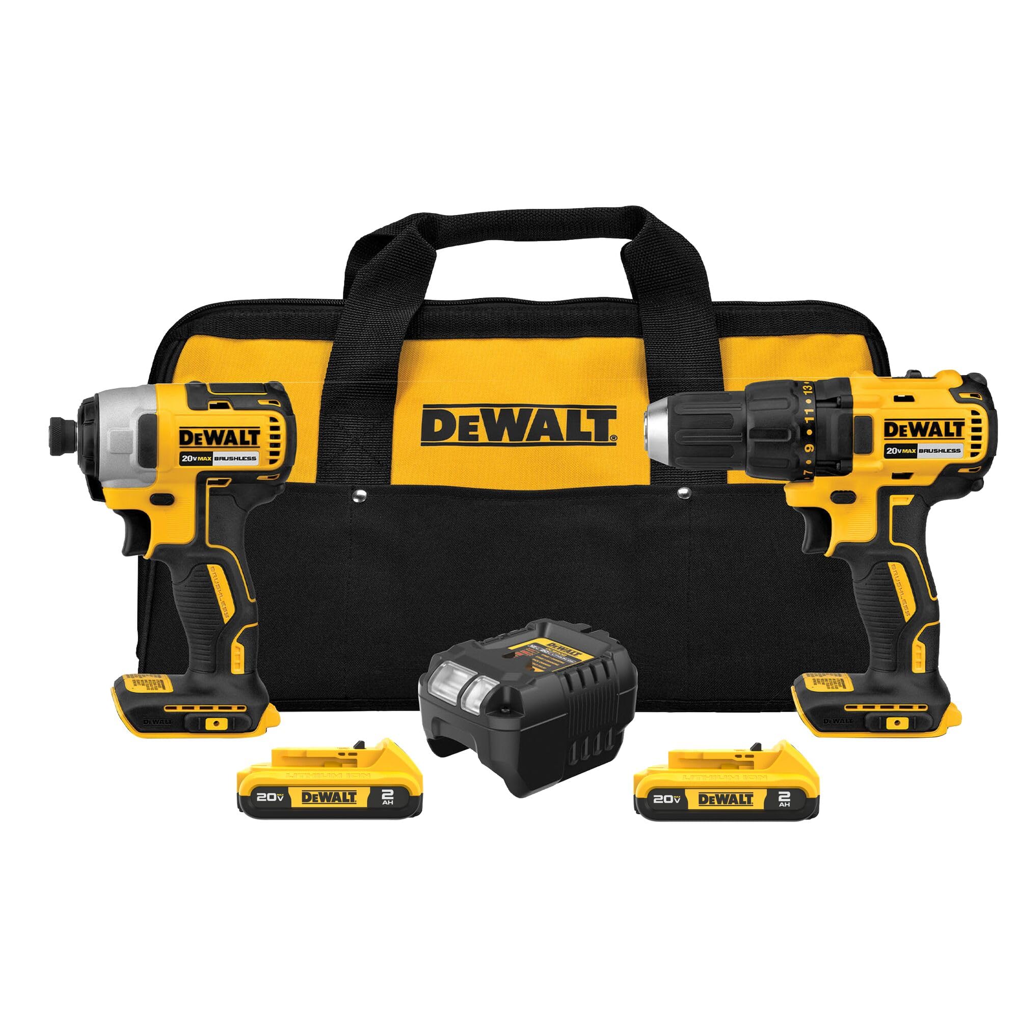 Photo 1 of DEWALT 20V MAX Cordless Drill and Impact Driver, Power Drill Brushless 2-Tool Power Tool Combo Kit, Includes 2 Batteries, Charger and Bag (DCK277D2)