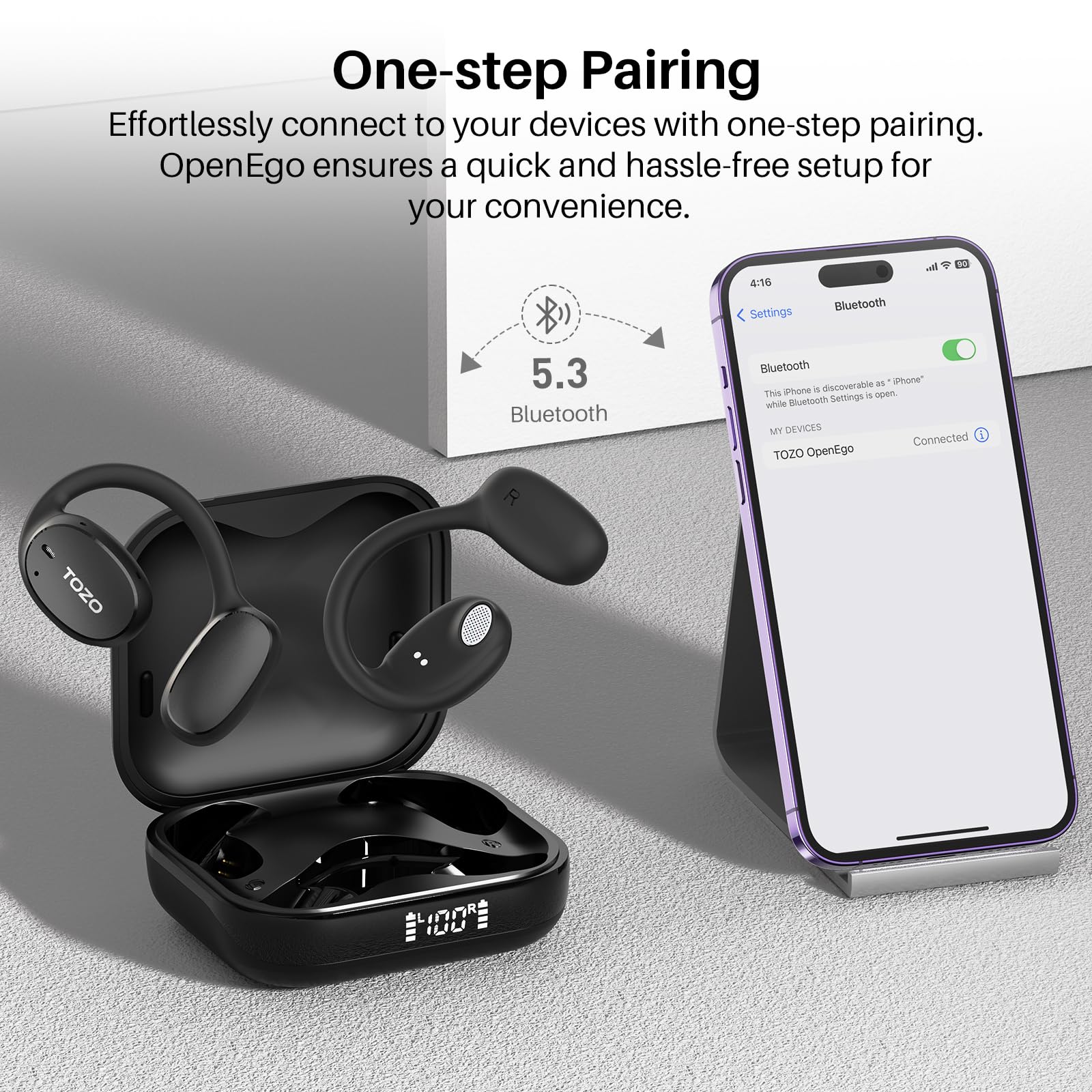 TOZO OpenEgo Open Ear Earbuds Bluetooth Headphones, 80Hrs Playtime Wireless Earbuds with Earhooks, Digital Display, 32 EQ Modes, Clear Call, Comfortable Wear, Sweat-Proof for Running Workout Black