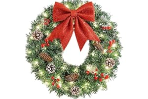 YICORIP Christmas Wreath, Pre-Lit Artificial Christmas Wreath, Decorated with Pine Cones, Red Berries, Cotton, 50 LED Lights, for Indoor and Outdoor Christmas Decorations16 Inches (Bow Style)