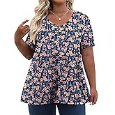 Tencede Womens Plus Size Tops Short Sleeve Tunic Shirts V Neck Summer Floral Loose Fit Blouse XL-5X