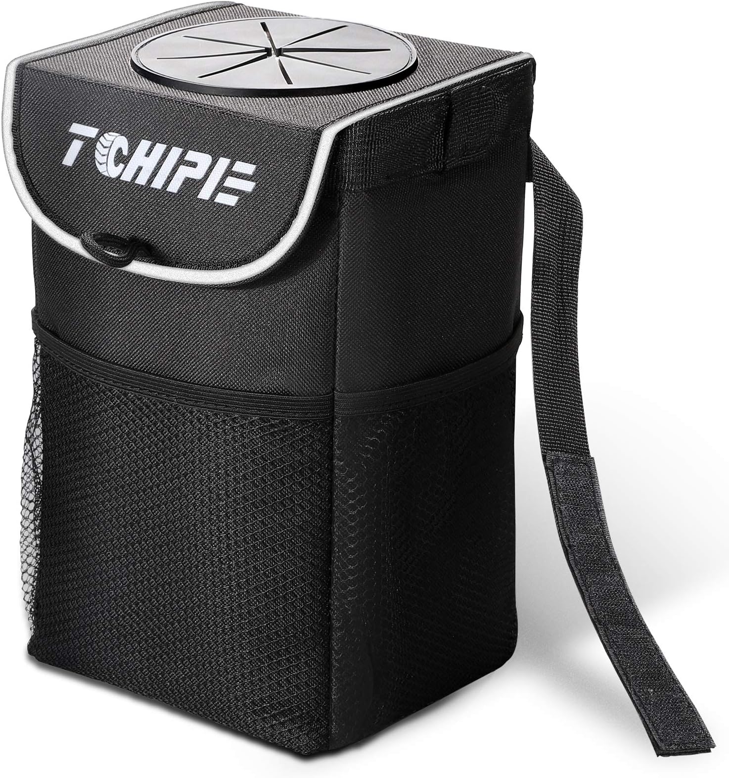 Tchipie Car Trash Can Garbage Bin, Vehicle Trash Bag Hanging, Auto Trash Container Trashcan, Truck Trash Can with Lid and Storage Pockets 1.24 Gallons- Waterproof, Removable and Washable Liner