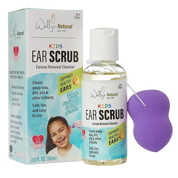 WALLY’S NATURAL KIDS EAR SCRUB EARWAX REMOVAL CLEANSER WASH, CLEANS AWAY WAX, DIRT & OILS, INCLUDES REUSABLE SCRUBBER SPONGE, PEDIATRICIAN-CONSULTED, SAFE FOR KIDS 3+, INFUSED WITH ALOE VERA, 2 FL OZ